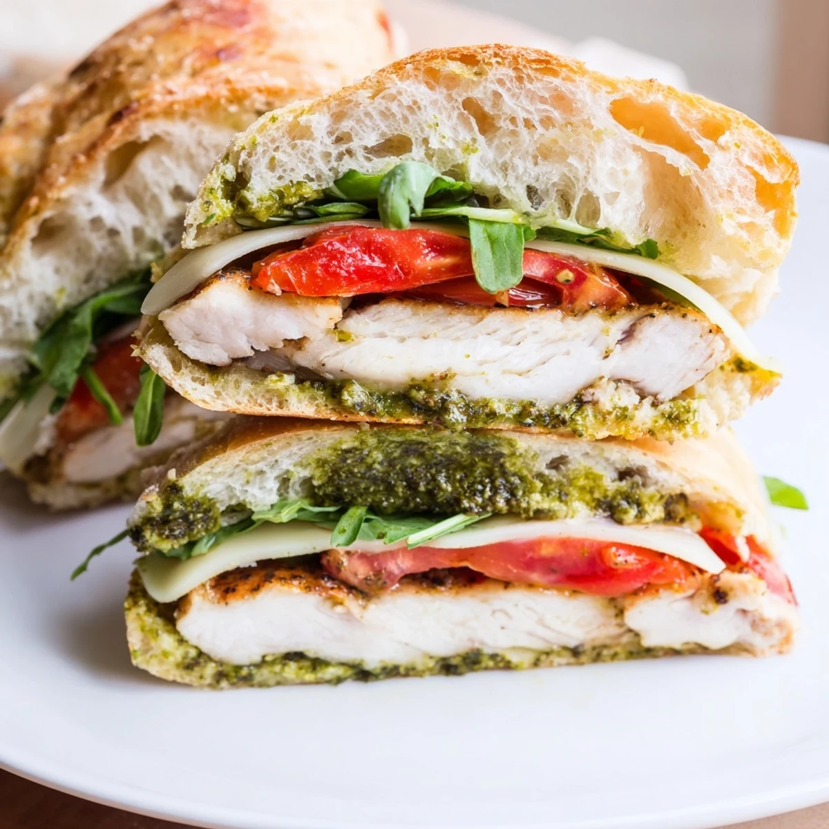 Grilled chicken pesto sandwich on toasted ciabatta with melted mozzarella and fresh arugula