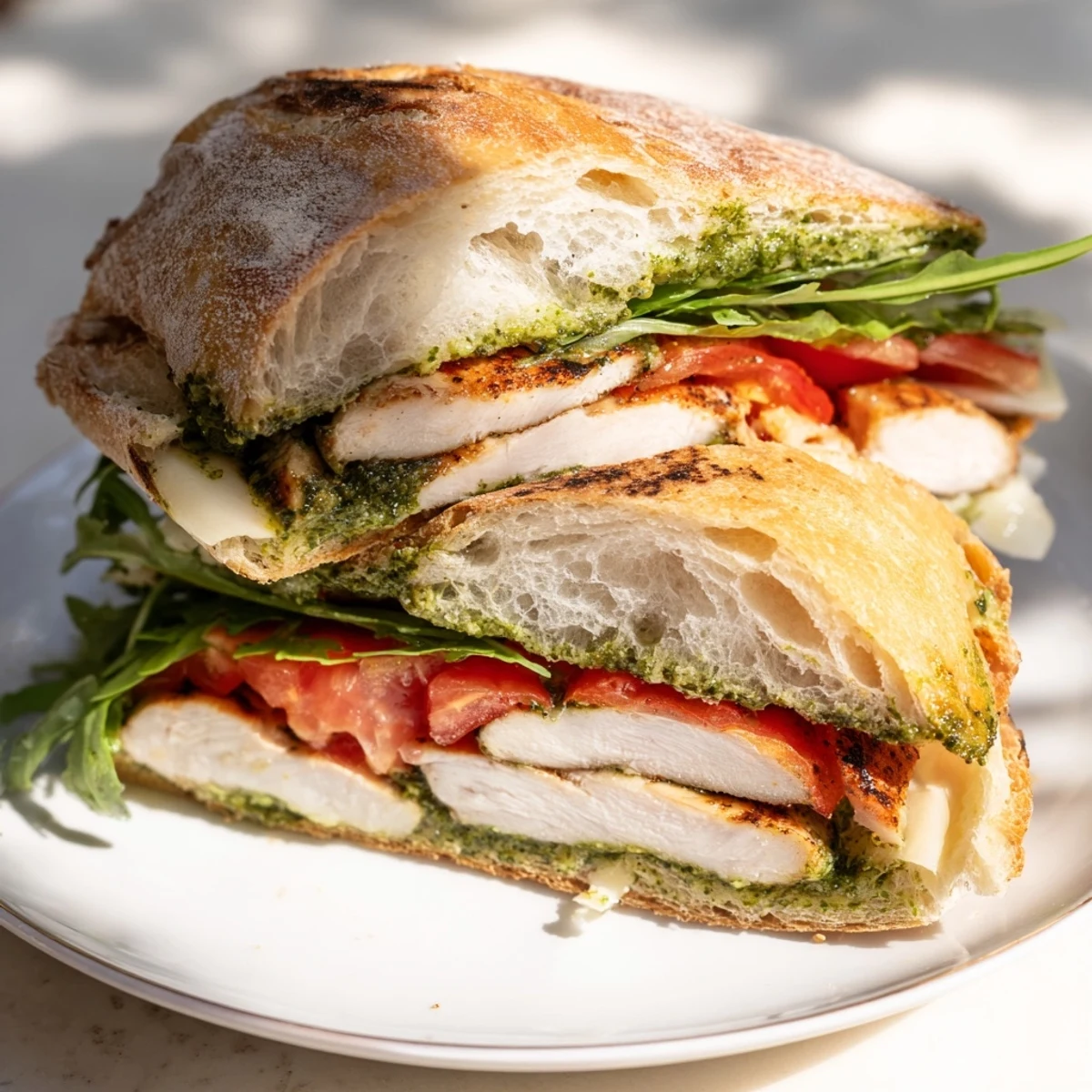 Chicken pesto sandwich stacked with juicy grilled cutlets, cheese, and crisp tomato on ciabatta roll