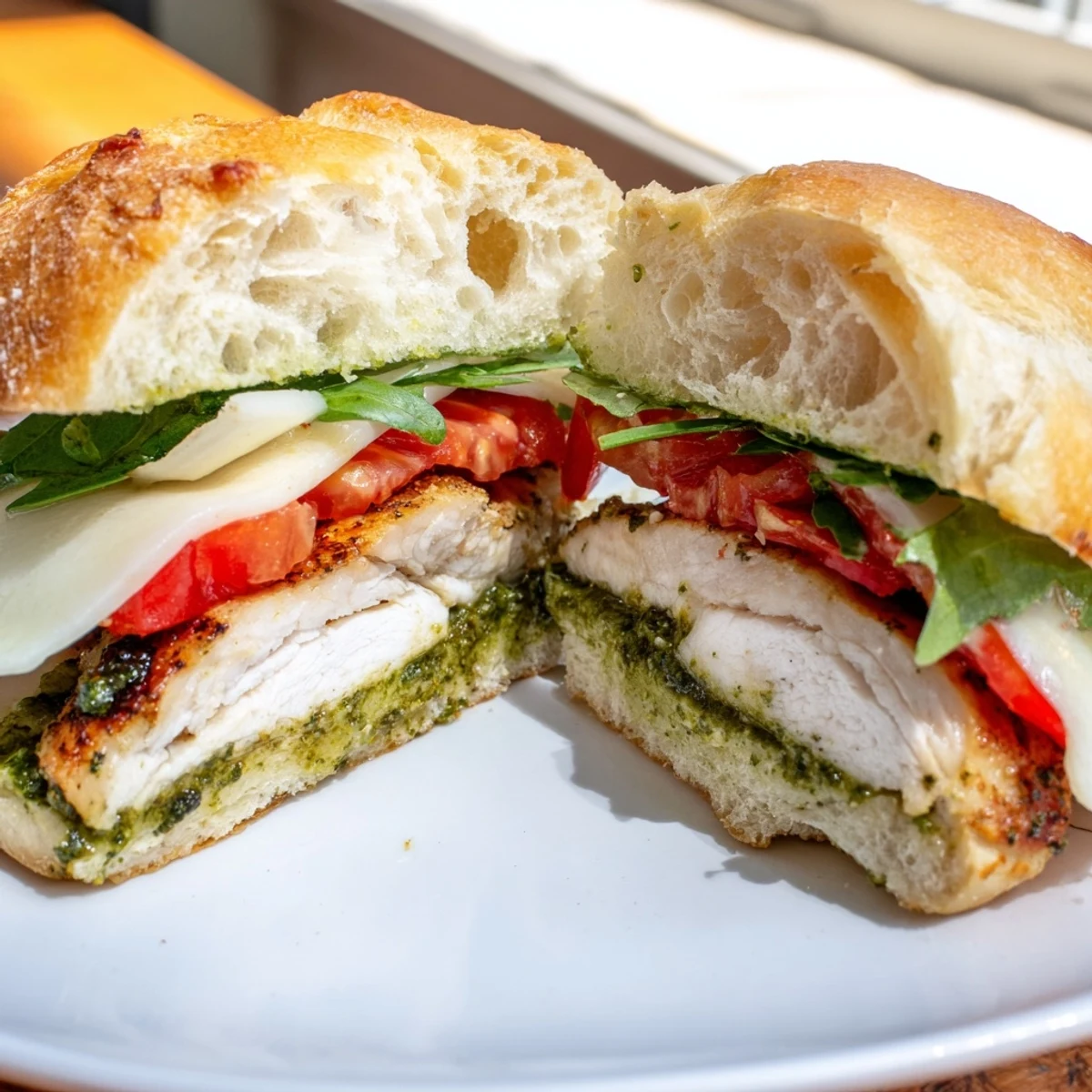 Sliced chicken breast layered with basil pesto, tomato slices, and greens on artisan bread