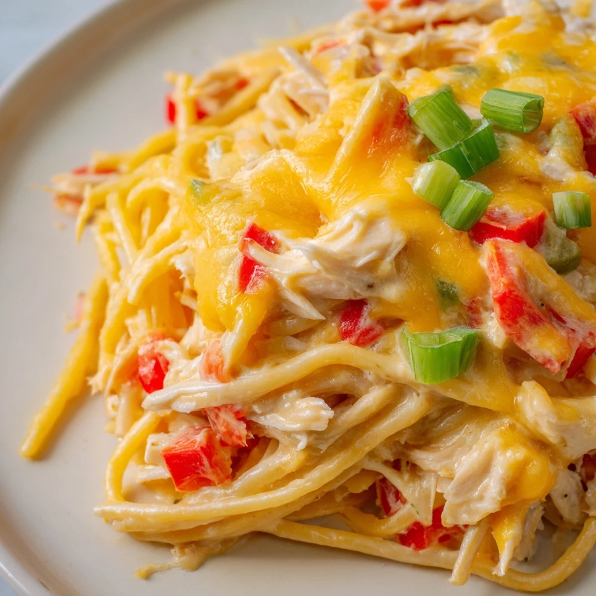 Golden baked Monterey Chicken Spaghetti casserole topped with melted Monterey Jack cheese and fresh green onions