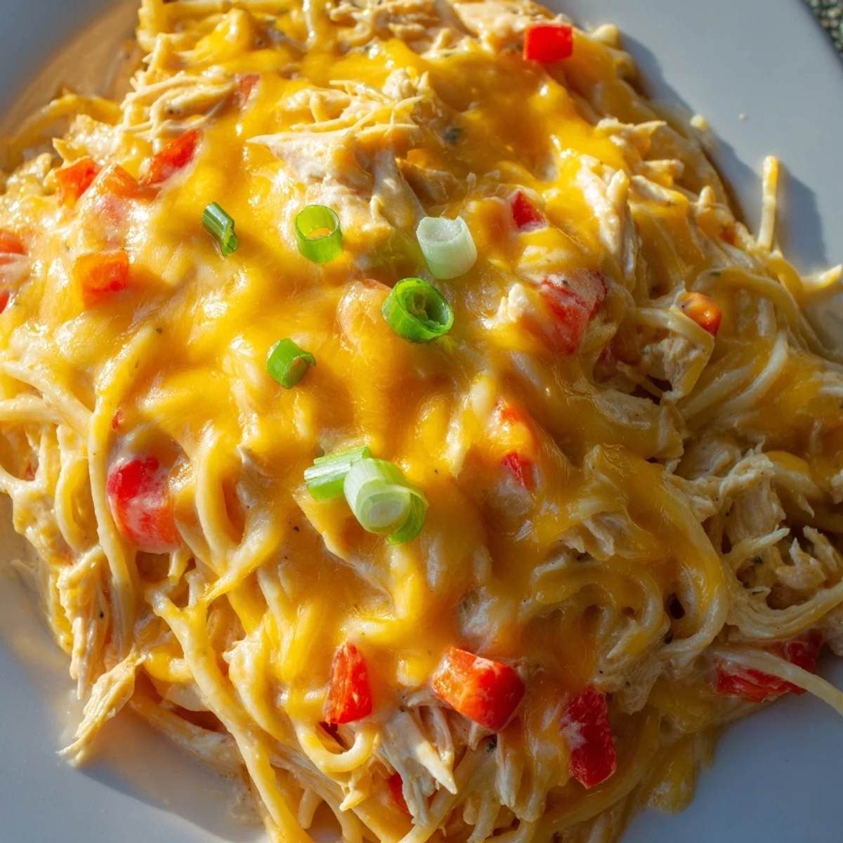 Creamy Monterey Chicken Spaghetti featuring tender pasta and shredded chicken in a bubbling cheese sauce