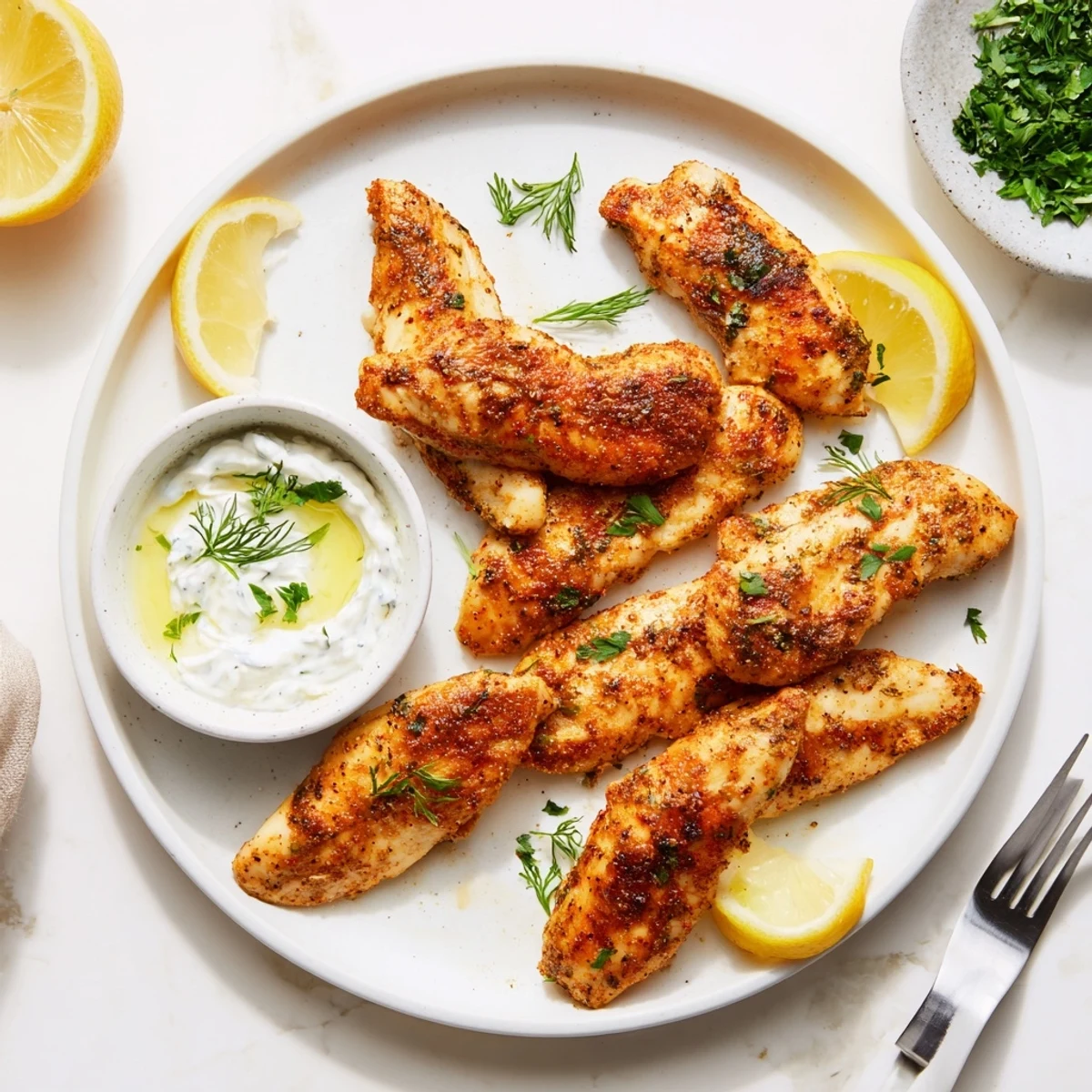 Golden pan-seared Mediterranean chicken tenders served with creamy lemon garlic yogurt dip