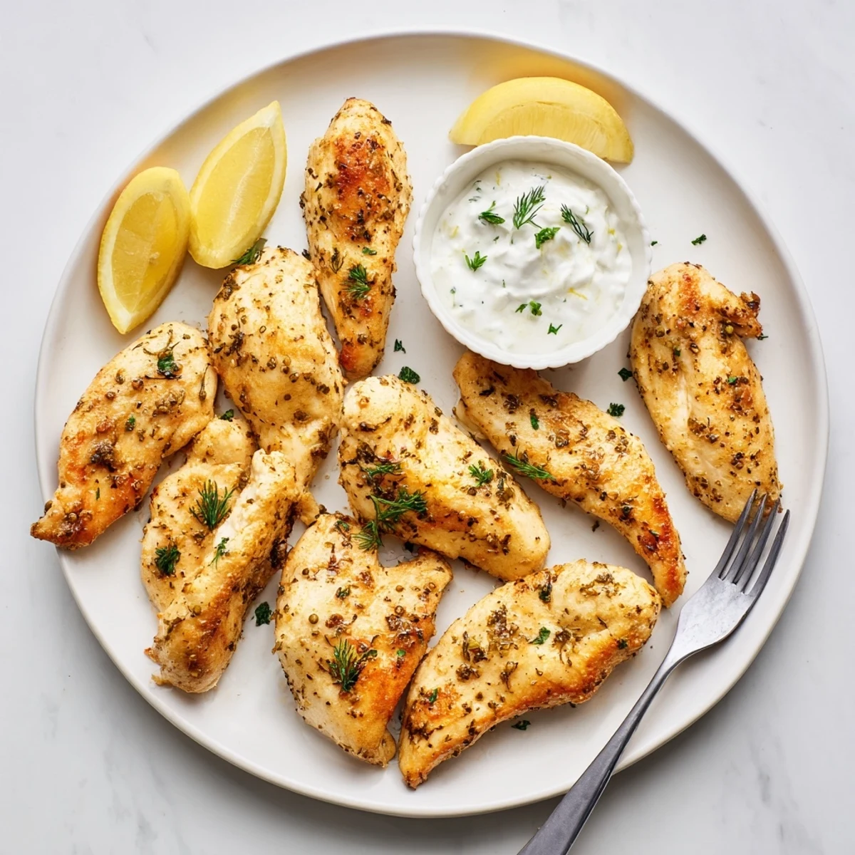 Juicy herb marinated chicken strips arranged on a white platter with fresh parsley garnish