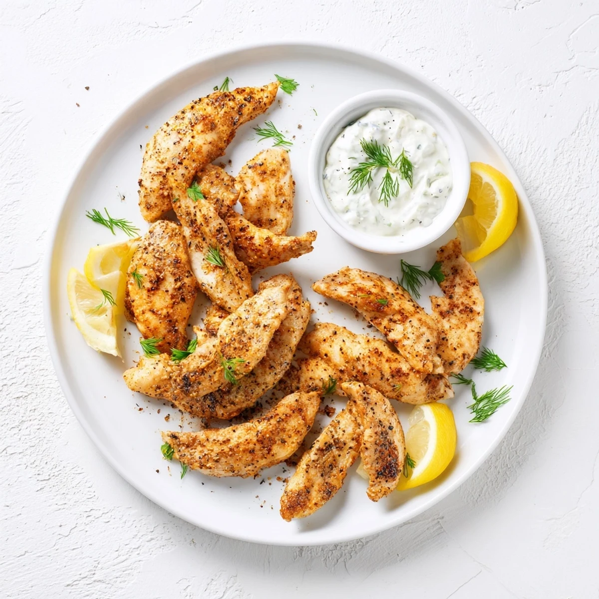Mediterranean chicken tenders with golden brown crusts alongside zesty Greek yogurt dipping sauce