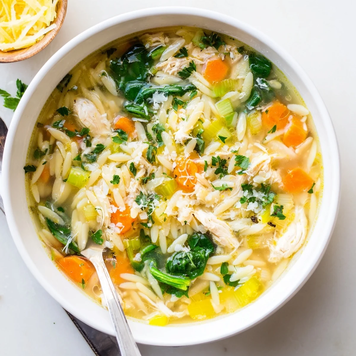 Creamy lemon chicken orzo soup in white bowl featuring spinach, carrots, and bright citrus flavor