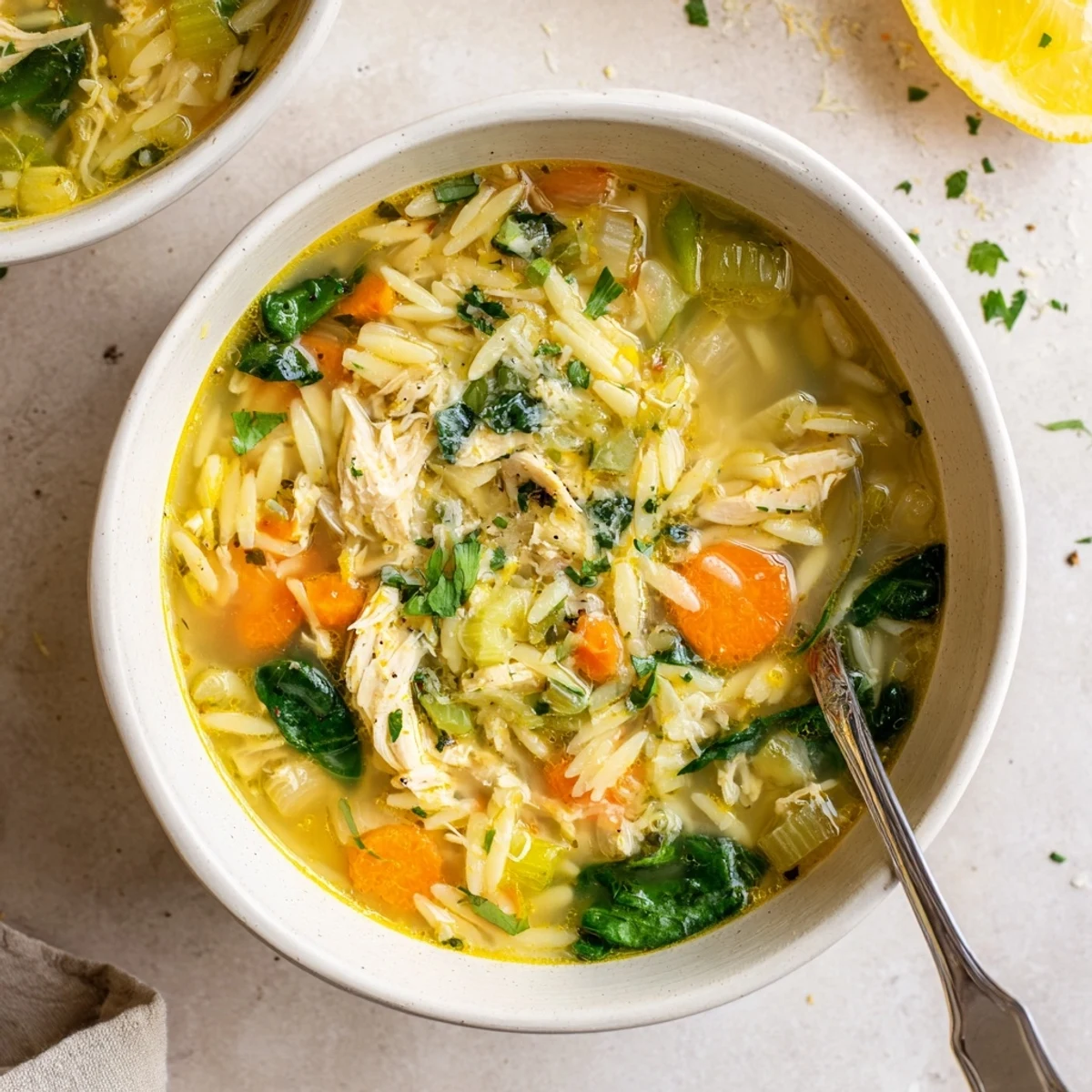 Steaming spring lemon chicken orzo soup with al dente pasta and wilted spinach in rustic bowl