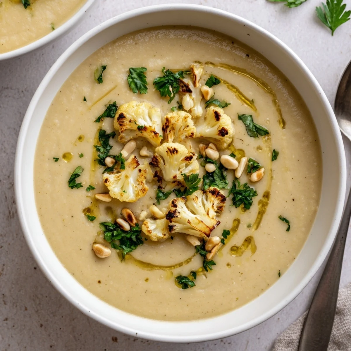 Creamy Mediterranean cauliflower soup topped with roasted florets, fresh parsley, and toasted pine nuts in a white bowl