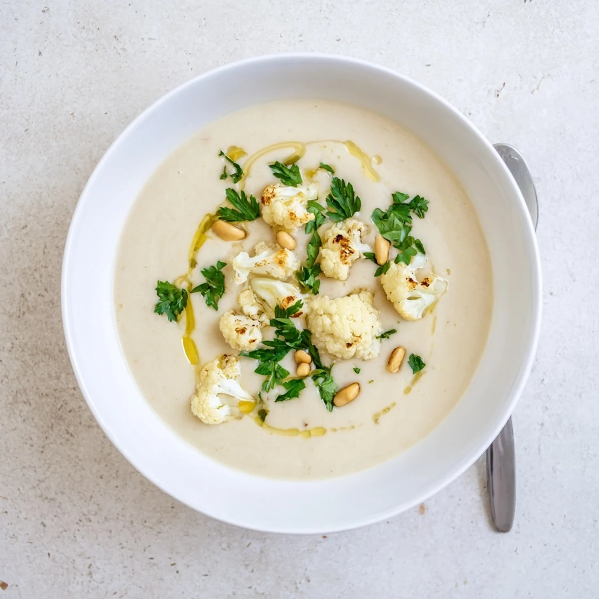 Velvety smooth roasted cauliflower soup with lemon, cumin, and paprika garnished with fragrant herbs and olive oil drizzle