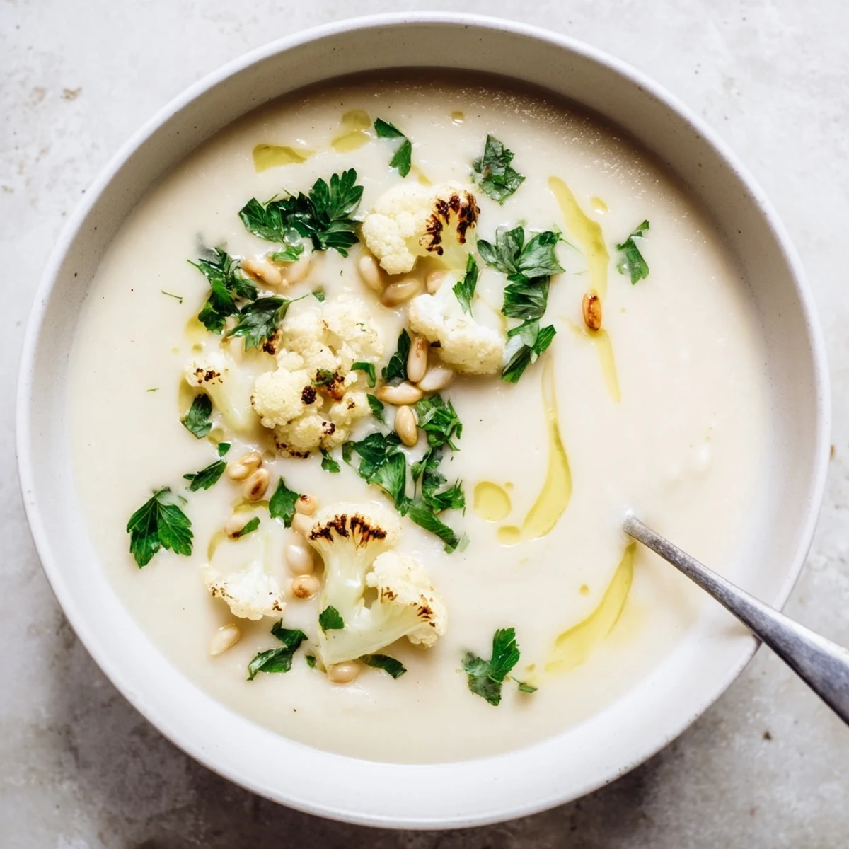 Golden bowl of rich Mediterranean cauliflower soup featuring aromatic spices, crunchy pine nuts, and bright citrus zest