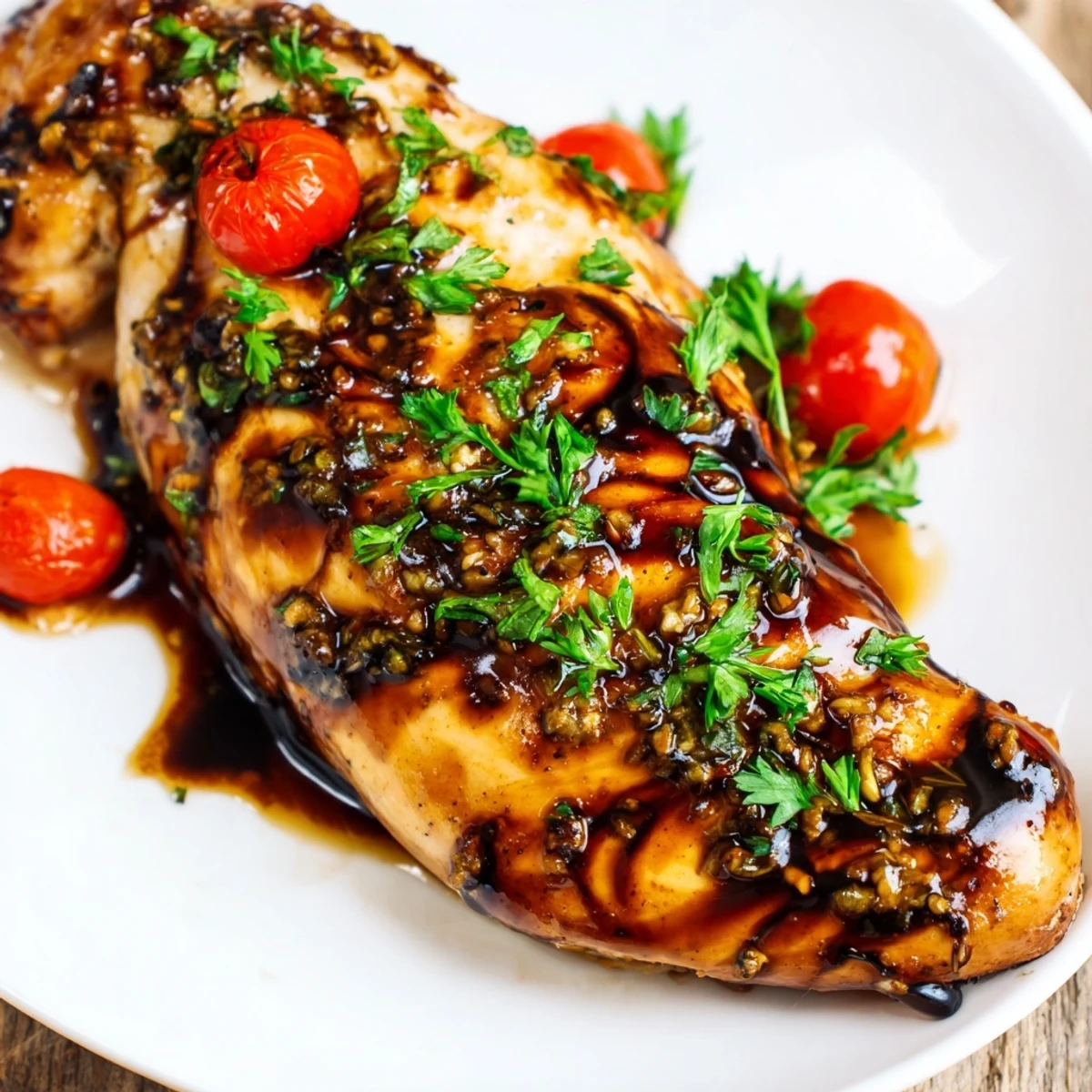 Golden brown balsamic baked chicken breast resting on a white plate with glossy caramelized glaze