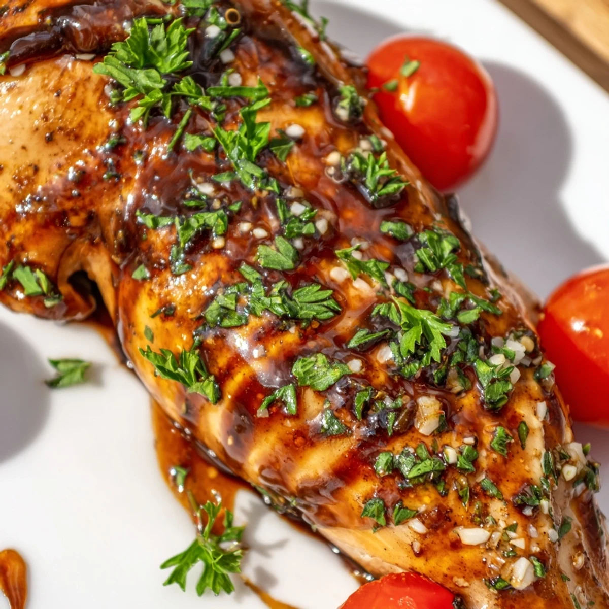 Tender juicy chicken breast pieces coated in dark balsamic sauce garnished with fresh green parsley