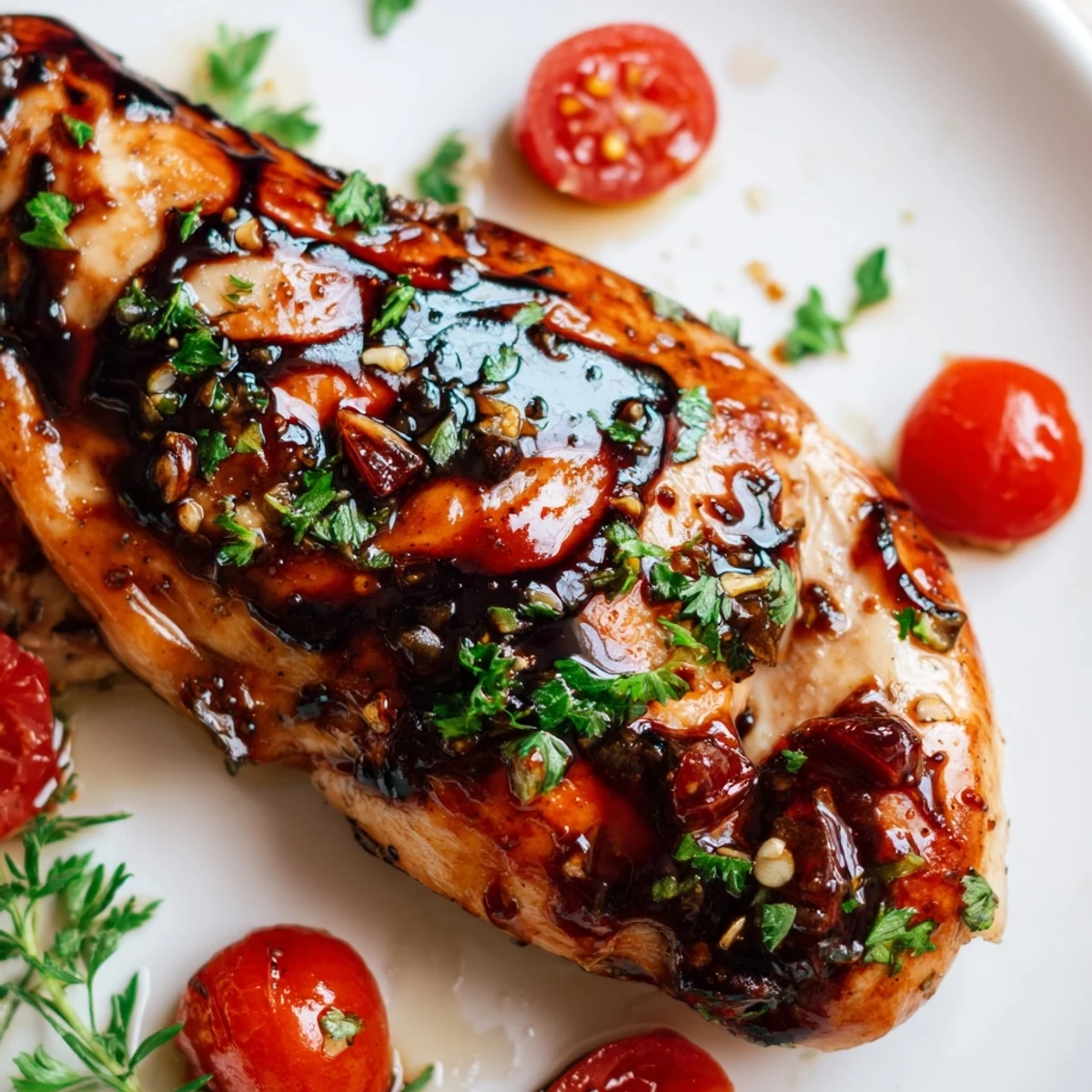 Oven-baked chicken breast marinated in tangy balsamic vinegar honey glaze with cherry tomatoes on side