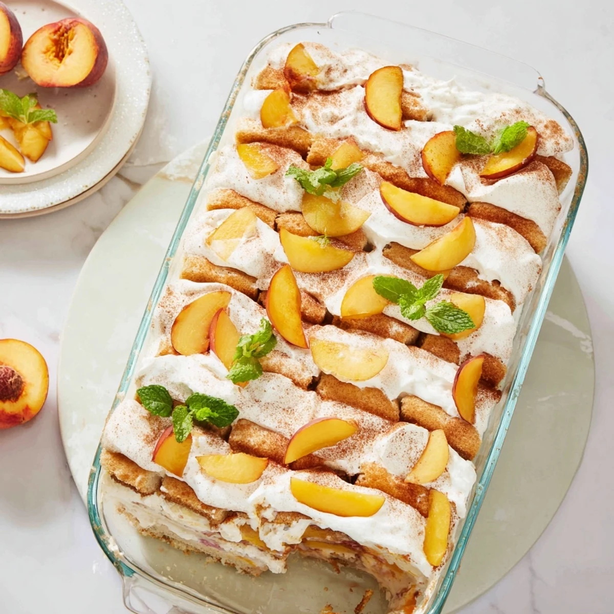 Summer peach tiramisu dessert featuring fresh sliced peaches atop fluffy whipped cream and delicate Italian biscuits