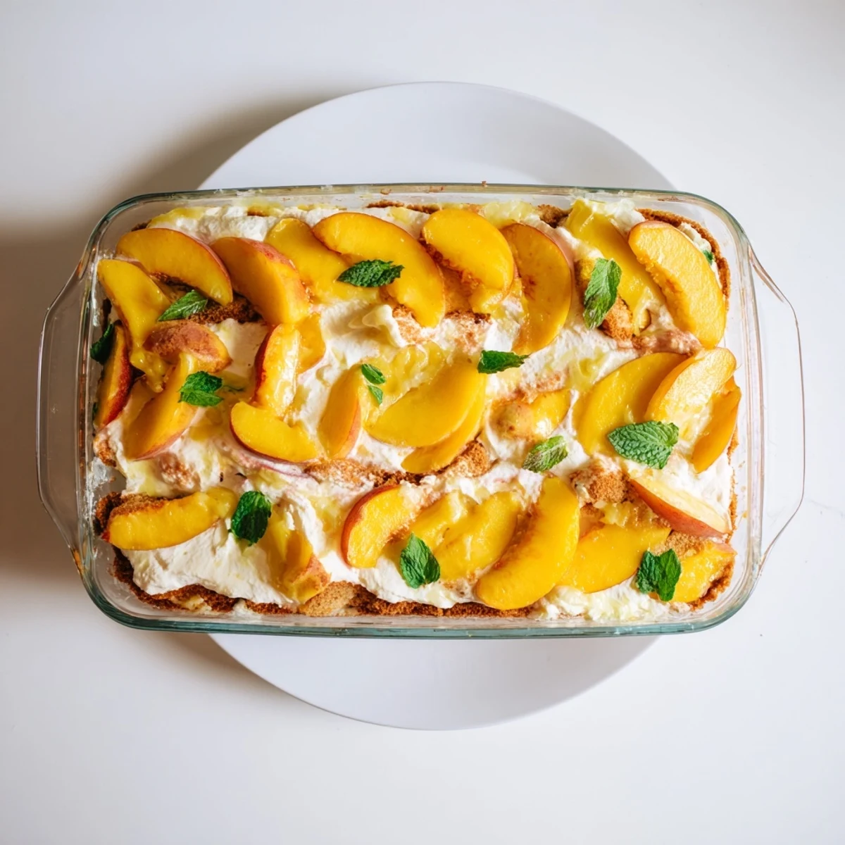 Golden peach tiramisu layered with creamy mascarpone and tender soaked ladyfingers in a glass serving dish