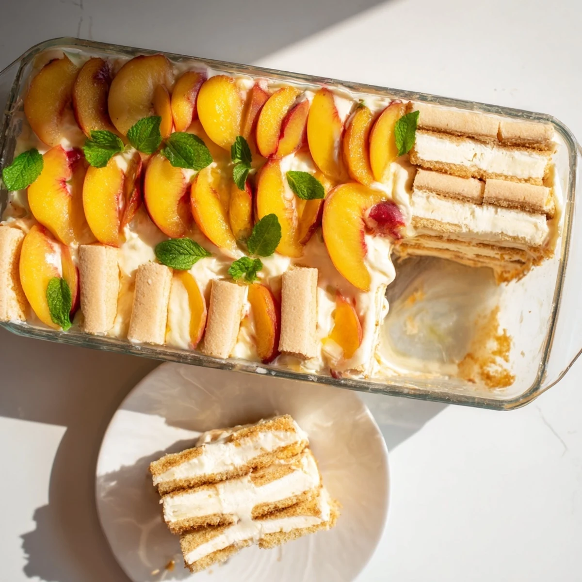 Creamy peach tiramisu parfait with alternating layers of mascarpone filling sweet peaches and soft ladyfinger cookies