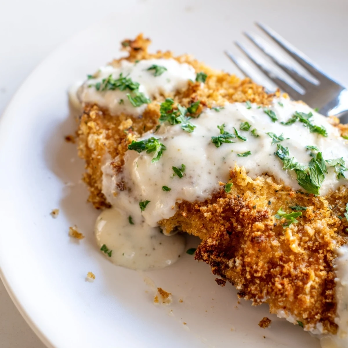Golden brown Parmesan crusted chicken drizzled with rich creamy garlic sauce on a white serving plate