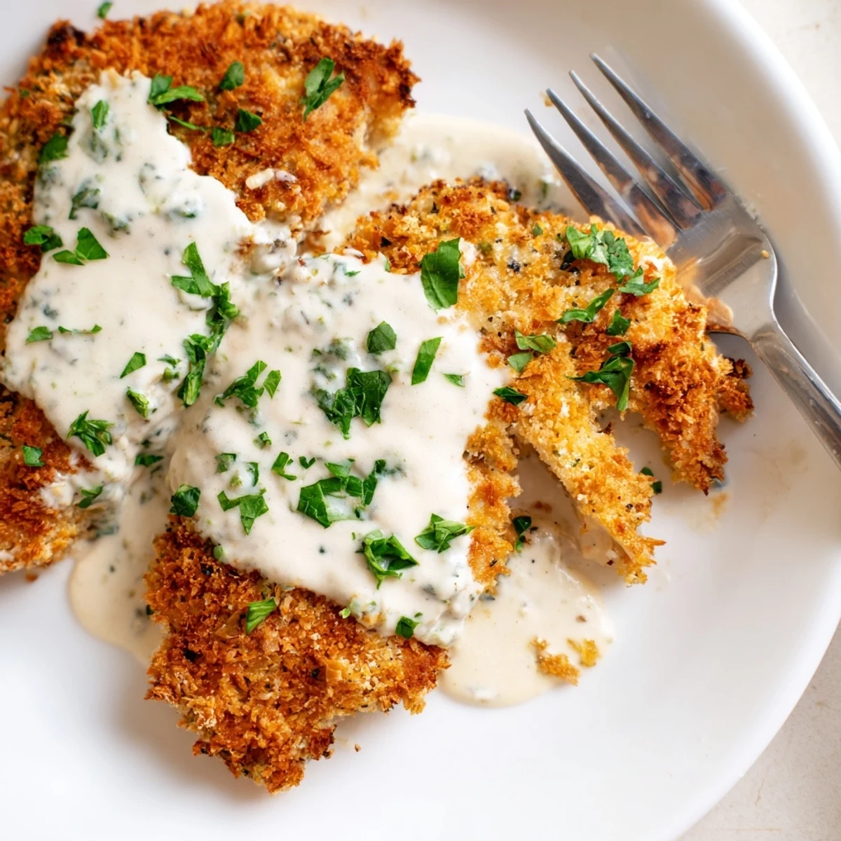 Close up of savory Parmesan crusted chicken coated in golden garlic cream sauce garnished with fresh parsley