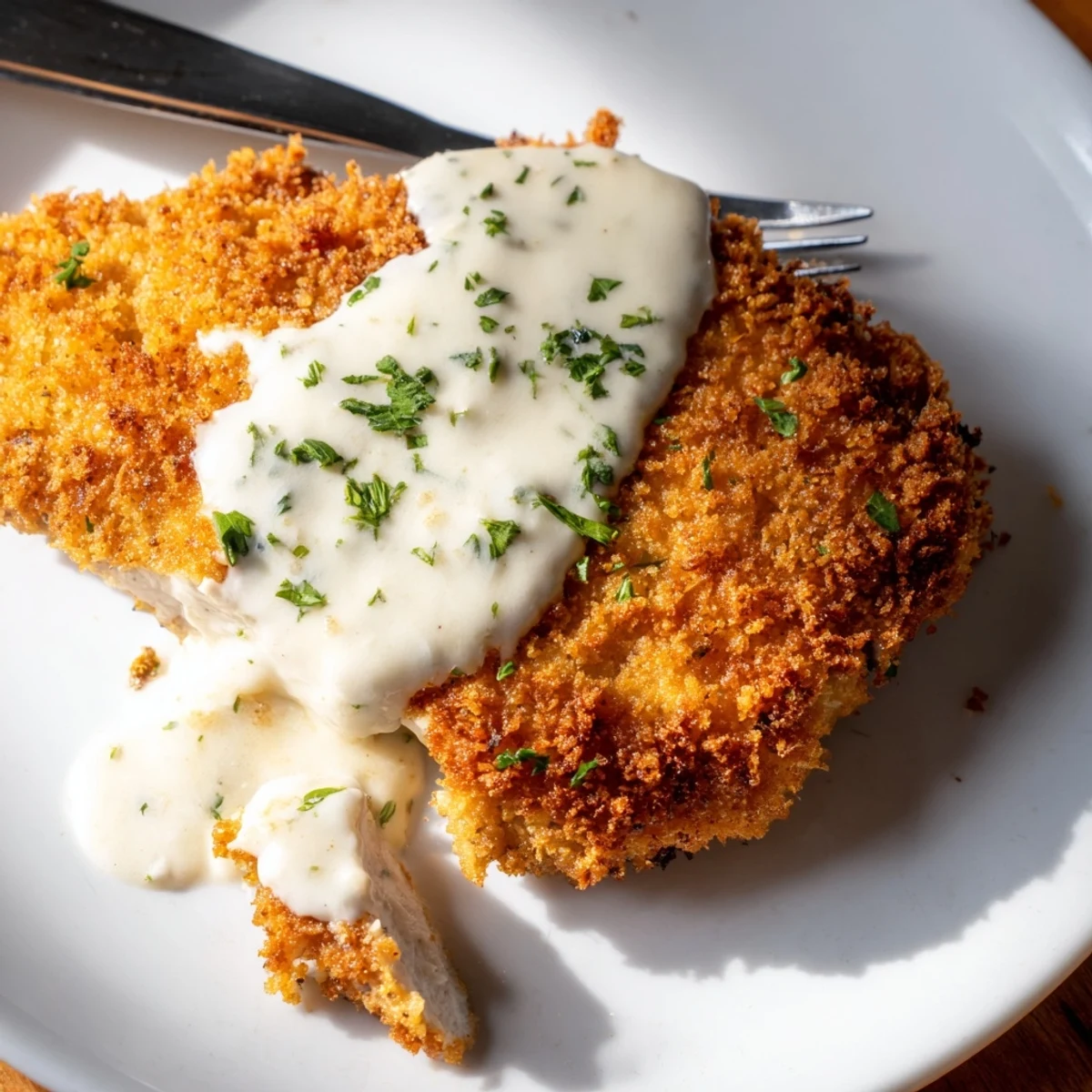 Juicy oven baked chicken breasts with crispy Parmesan topping served alongside smooth white garlic sauce for dinner