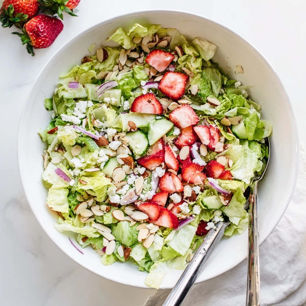 Fresh strawberry romaine feta salad topped with toasted almonds and light balsamic dressing