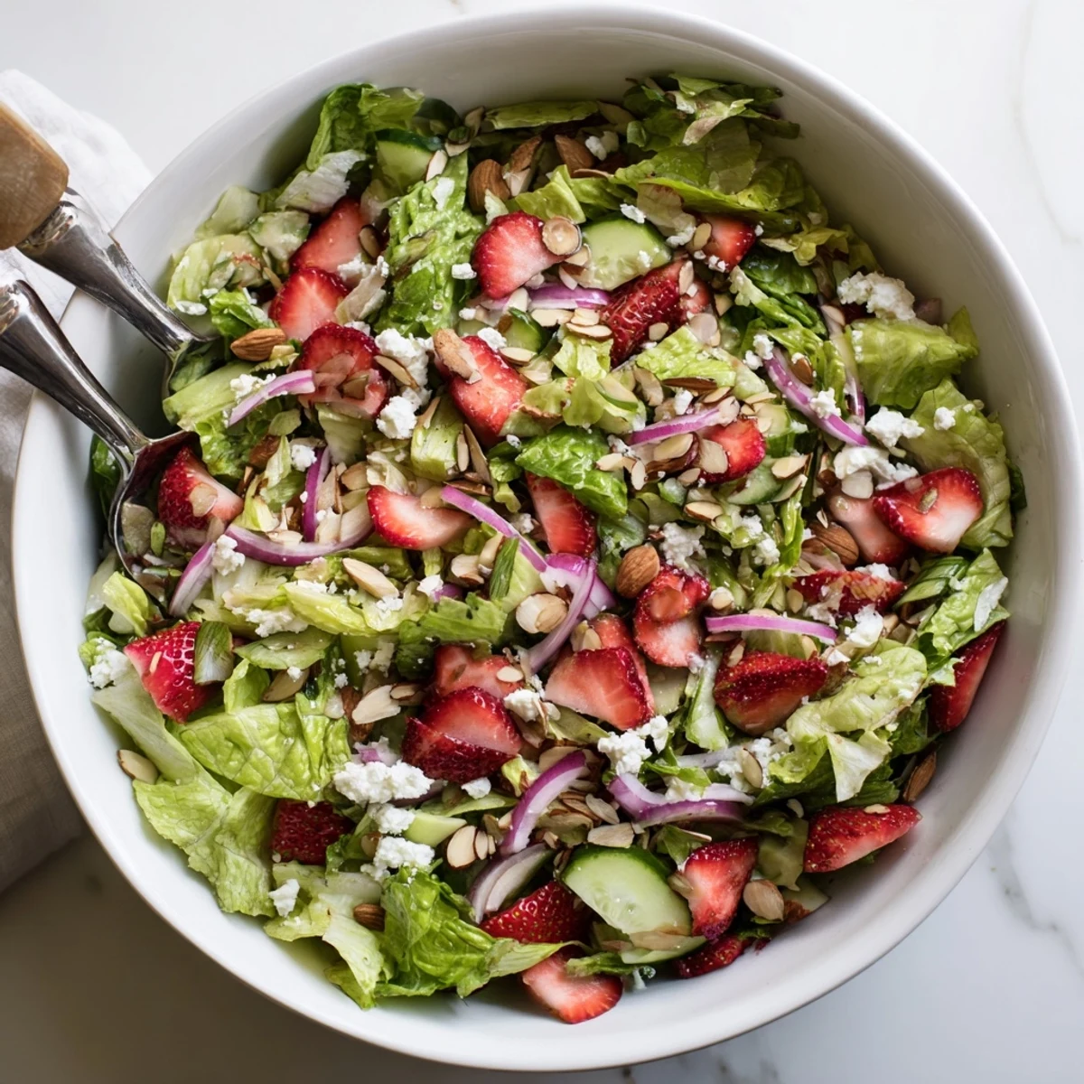 Crisp romaine lettuce bowl with juicy strawberries, tangy feta cheese, and crunchy sliced almonds
