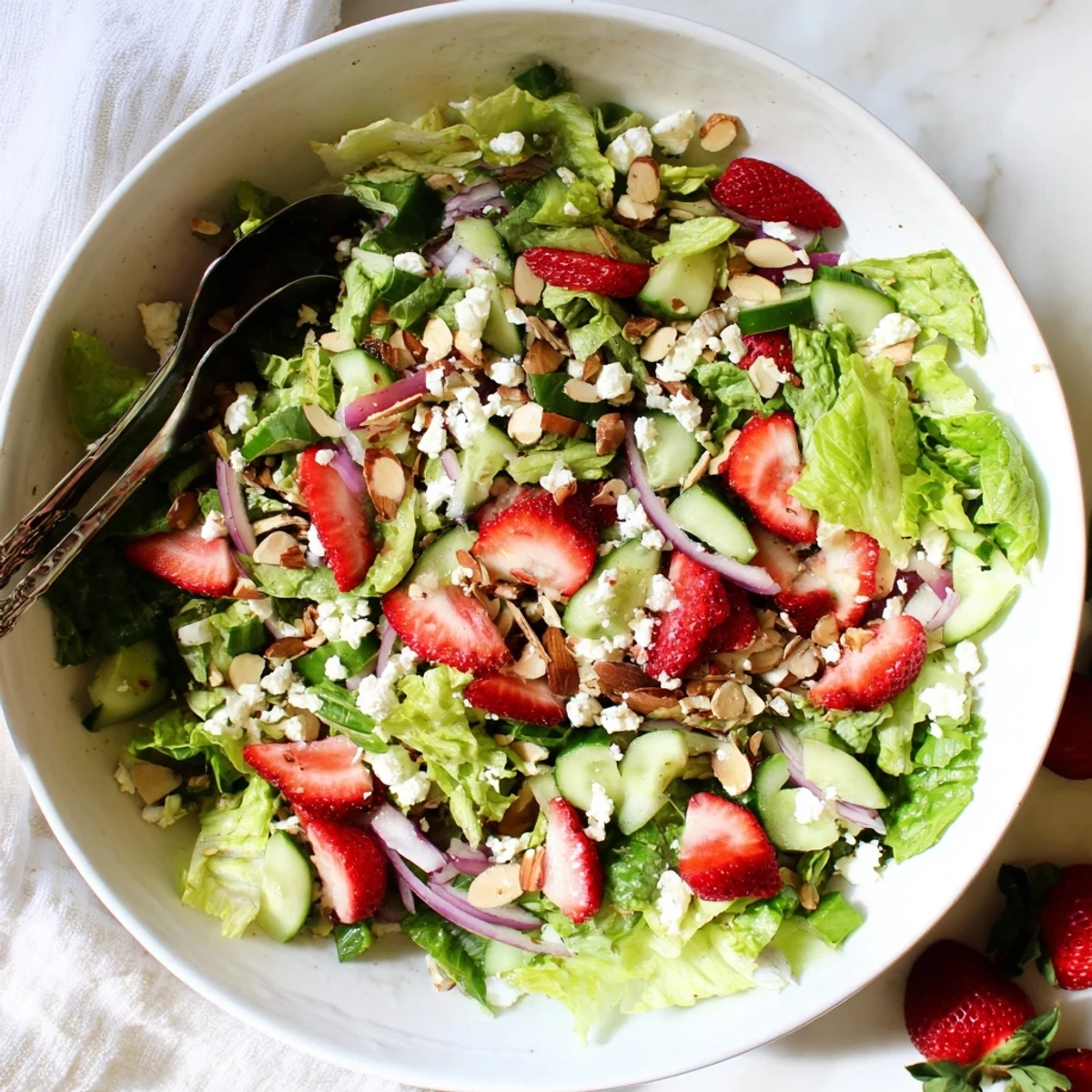 Colorful strawberry romaine feta salad drizzled with honey balsamic and sprinkled with toasted nuts