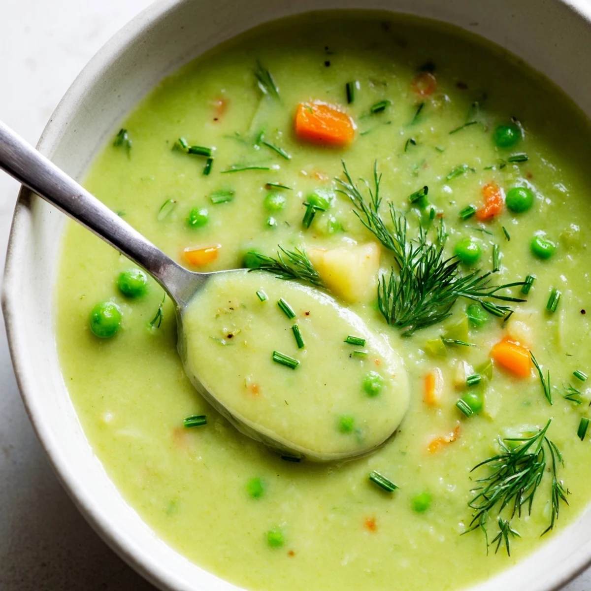 Creamy spring vegetable soup in a white bowl topped with fresh green herb garnish