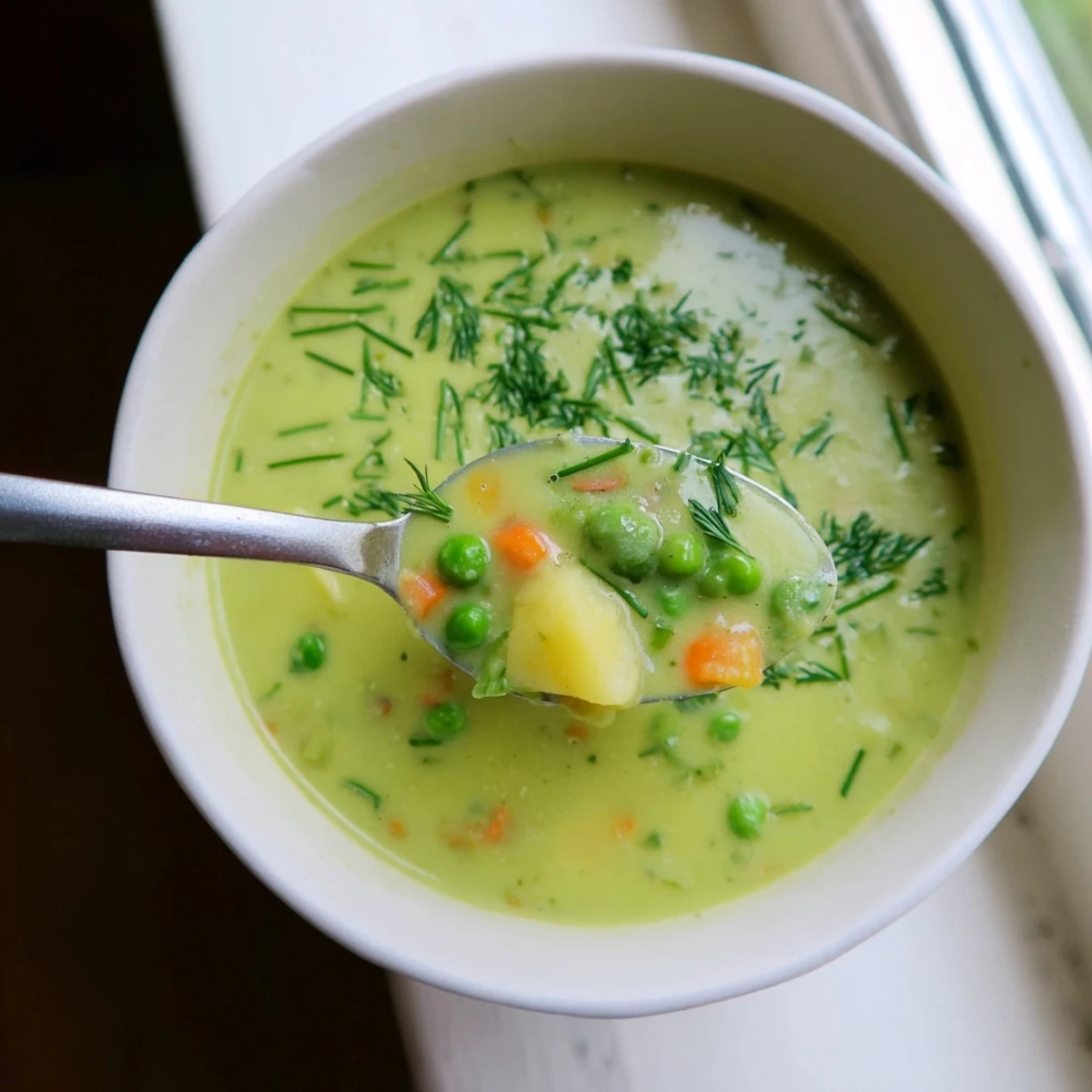 Velvety smooth spring vegetable soup featuring asparagus peas and carrots in cream broth