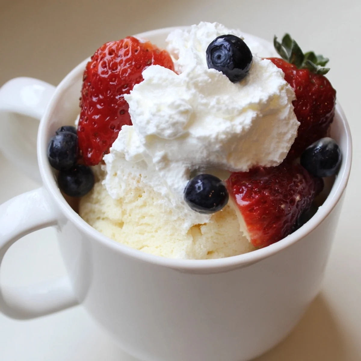 Light airy single-serve angel food cake emerges golden from air fryer basket with sweet berry garnish on white ceramic