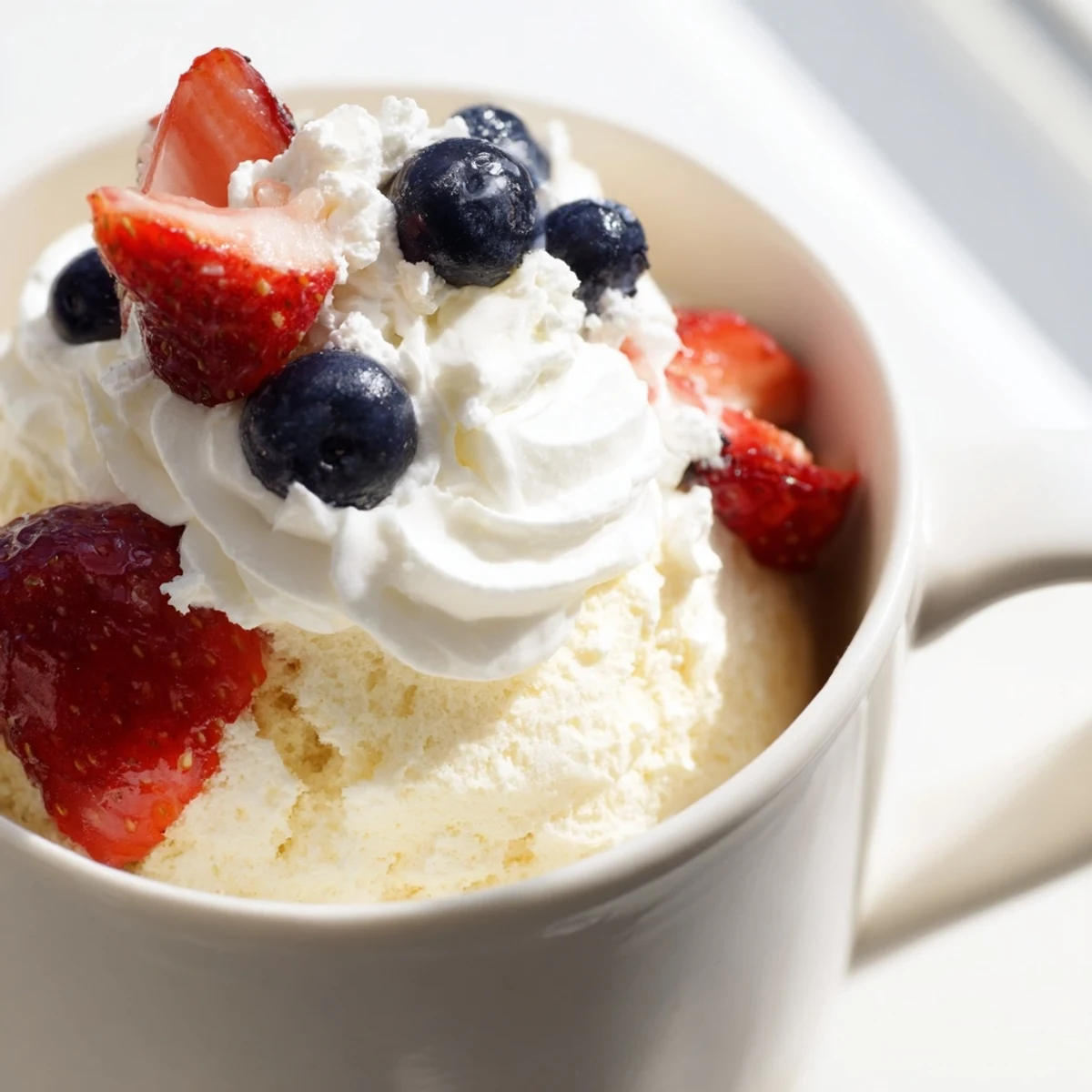 Fluffy white angel food cake in mug with whipped cream swirl and fresh berries ready for quick dessert serving