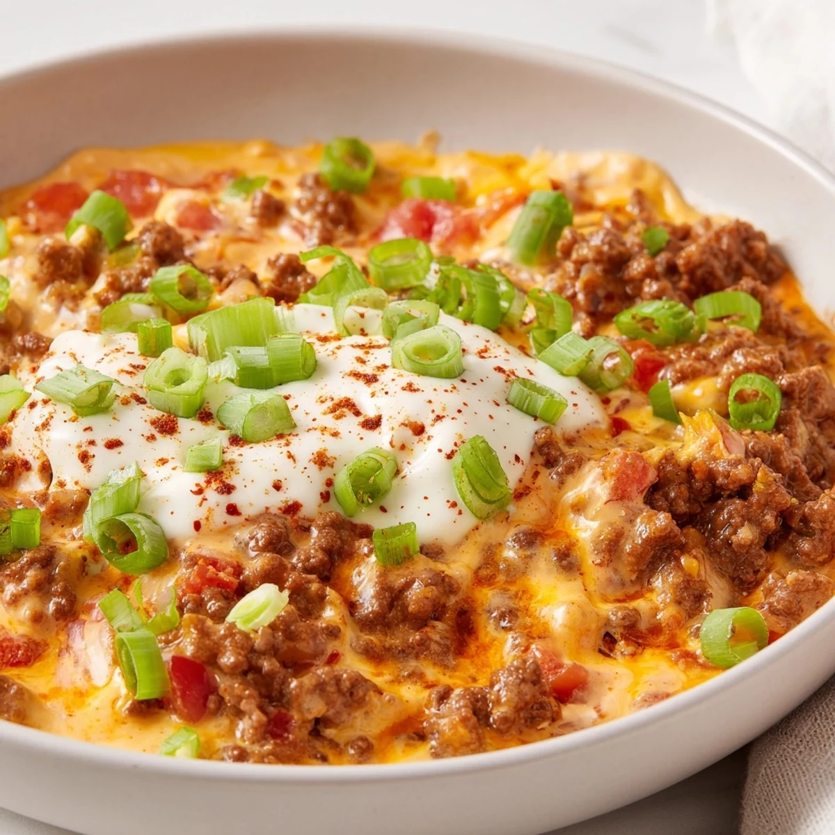Creamy Rotel dip with ground beef bubbling in a serving bowl, garnished with green onions