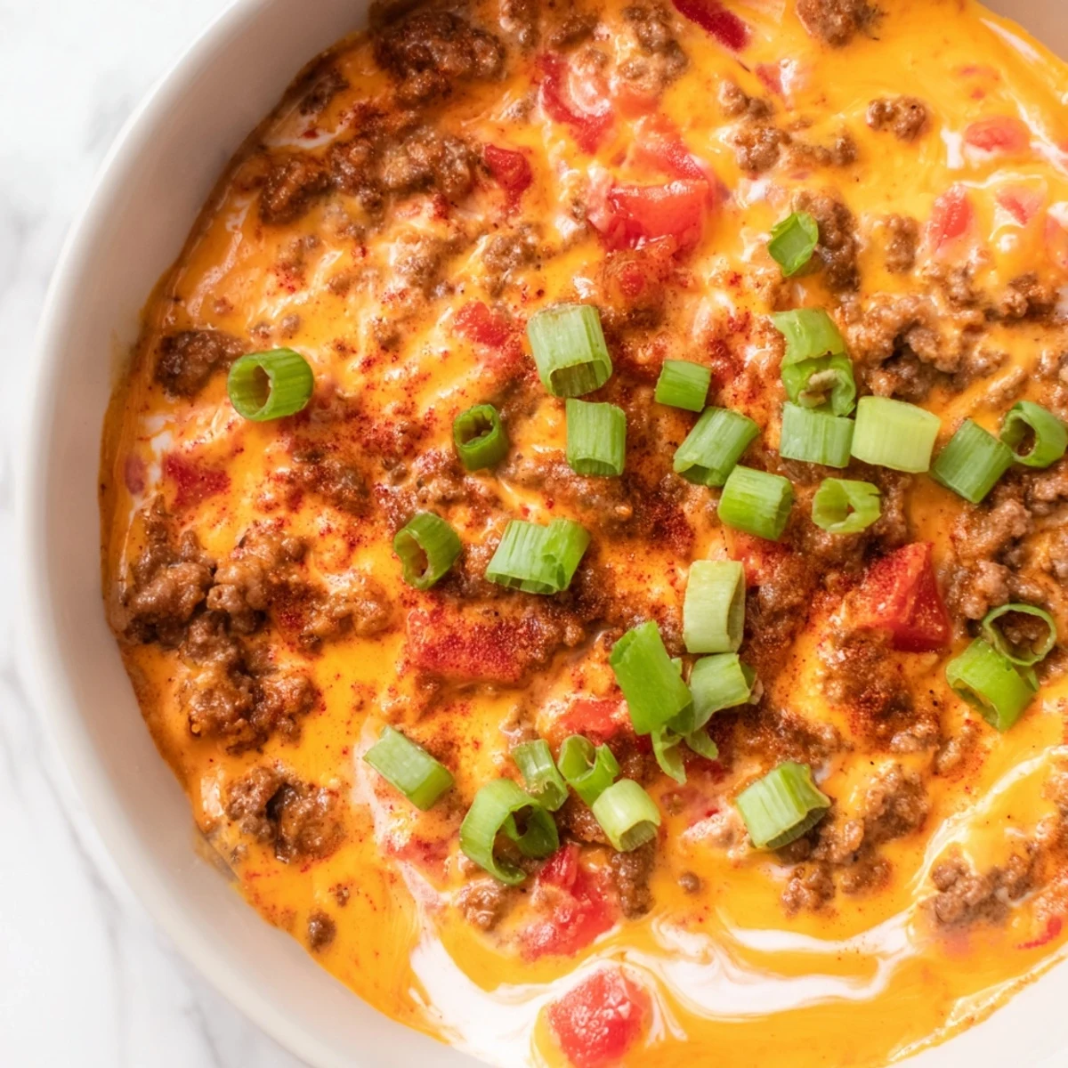 Golden tortilla chips surrounding a bowl of melty Rotel dip with seasoned ground beef
