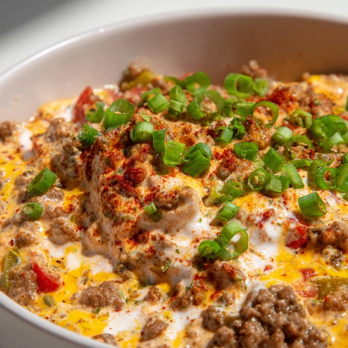 Rich and cheesy Rotel dip with ground beef, perfect for scooping with crispy chips
