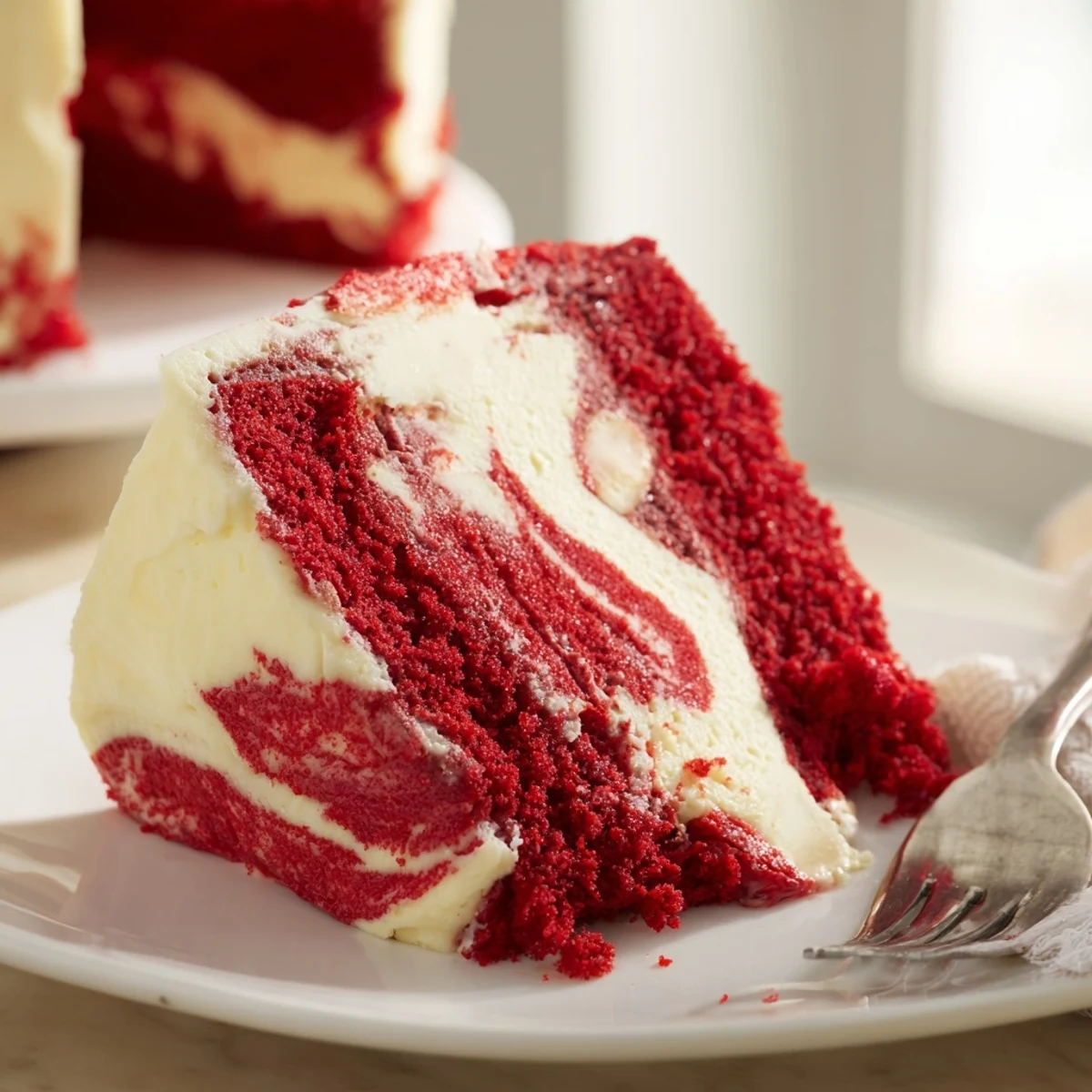 Moist red velvet cake marbled with creamy cheesecake swirls on a white serving plate.