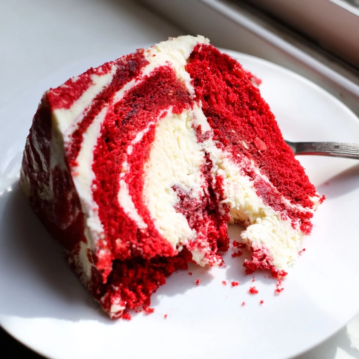 Homemade red velvet cake topped with sweet cream cheese swirls baked to golden perfection.