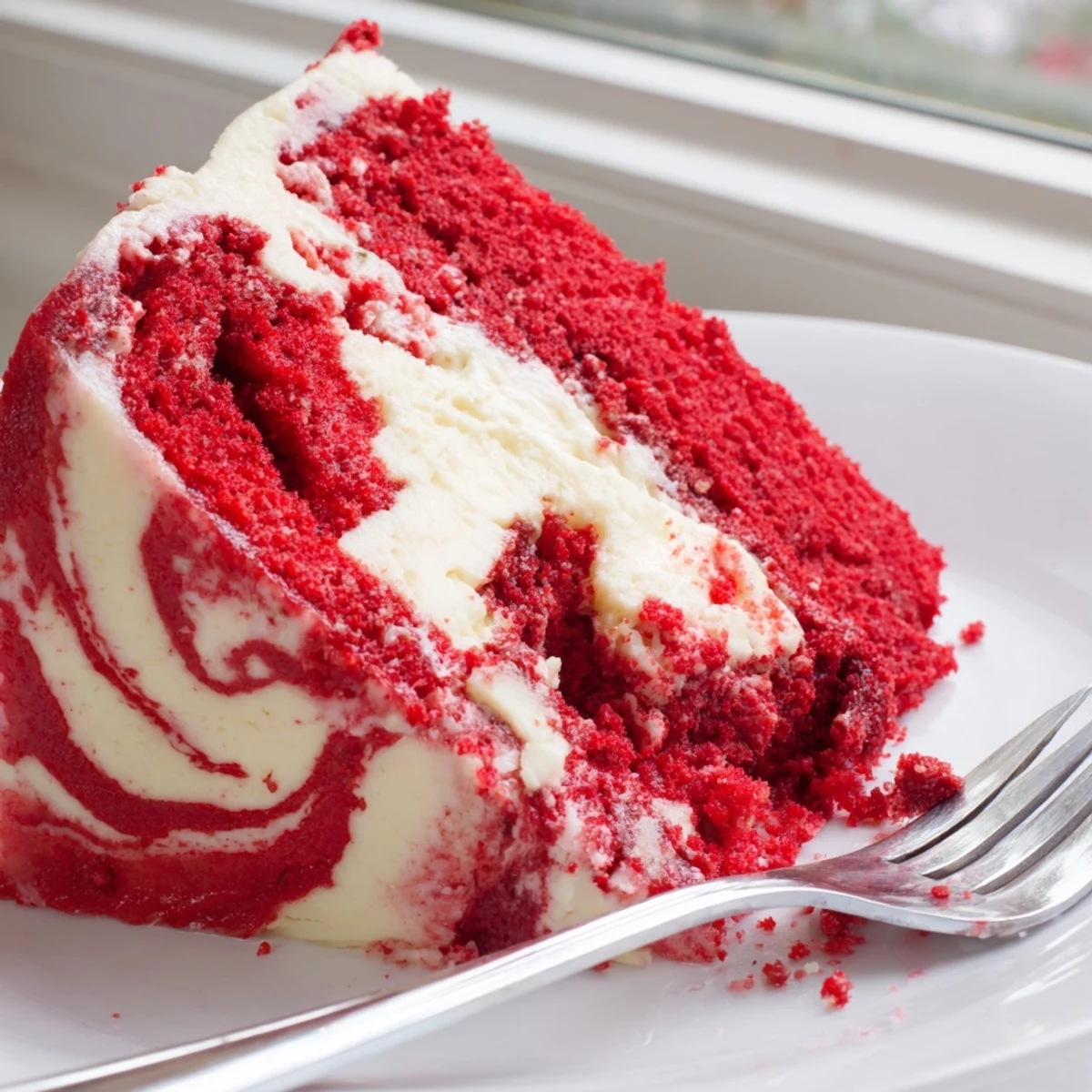 Sliced red velvet cheesecake swirl cake showing the beautiful marbled texture inside each piece.