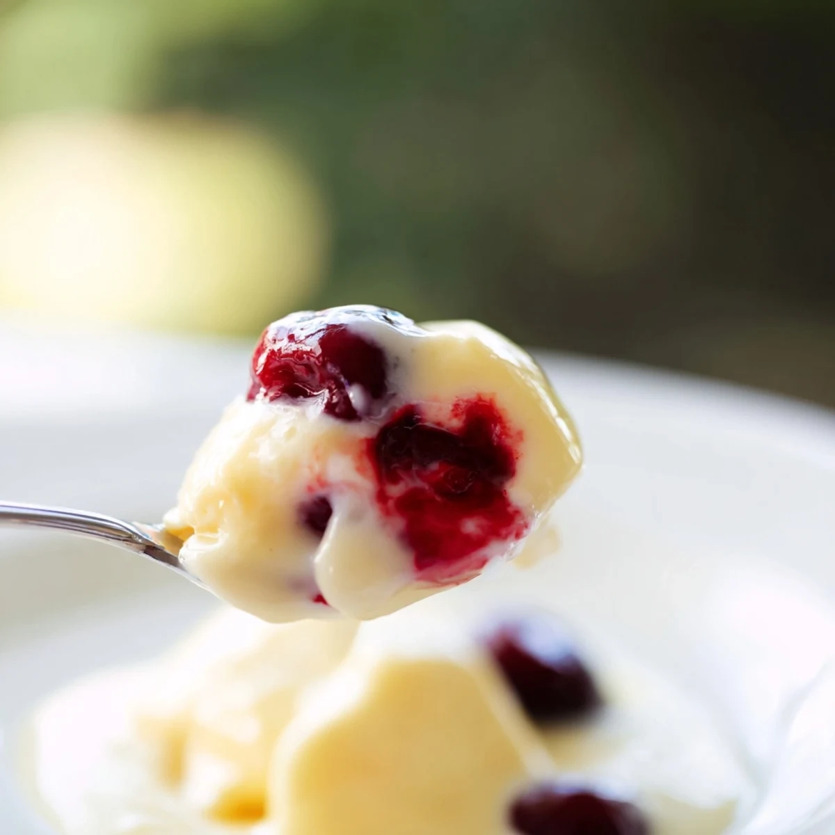 Golden baked cherry custard with juicy red fruits nestled in creamy vanilla custard