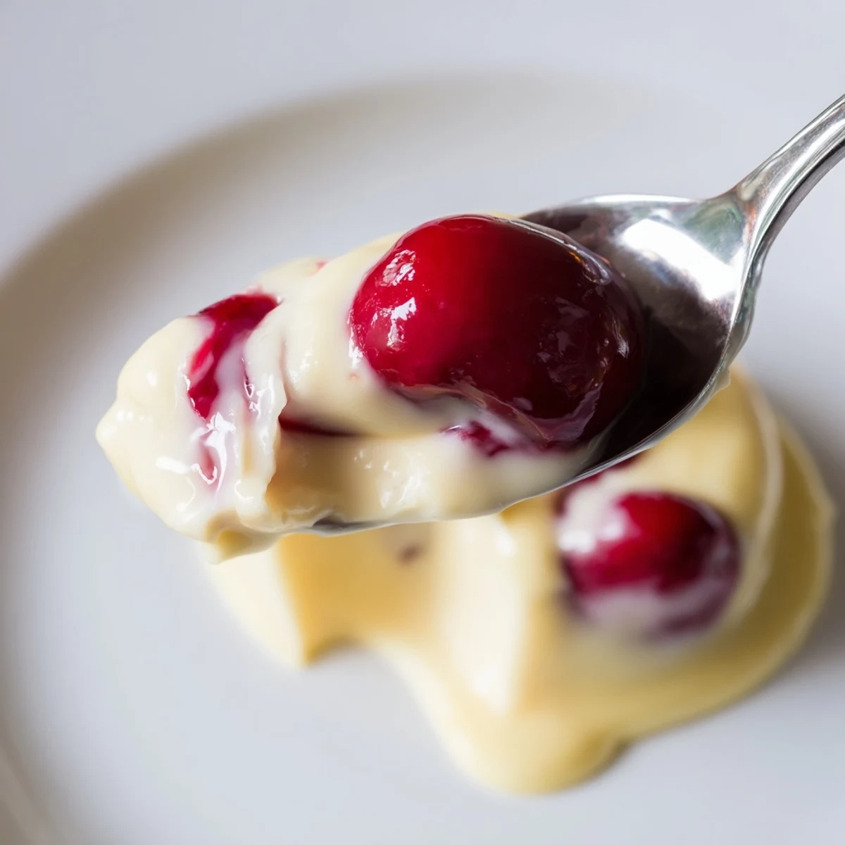 Homemade cherry custard dessert topped with fresh cherries and lightly dusted with sugar