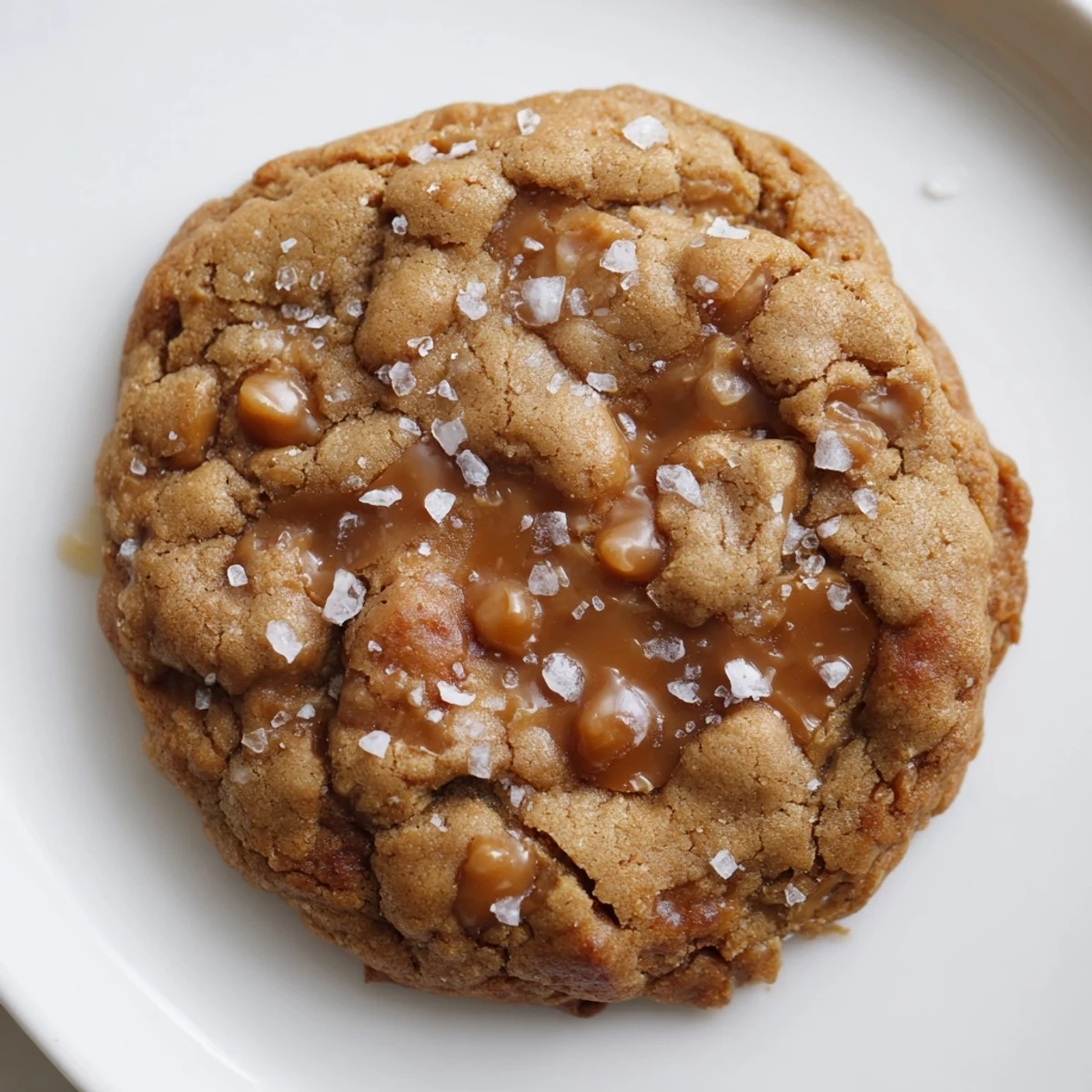 Golden brown sea salt caramel cookies topped with flaky salt on a white plate