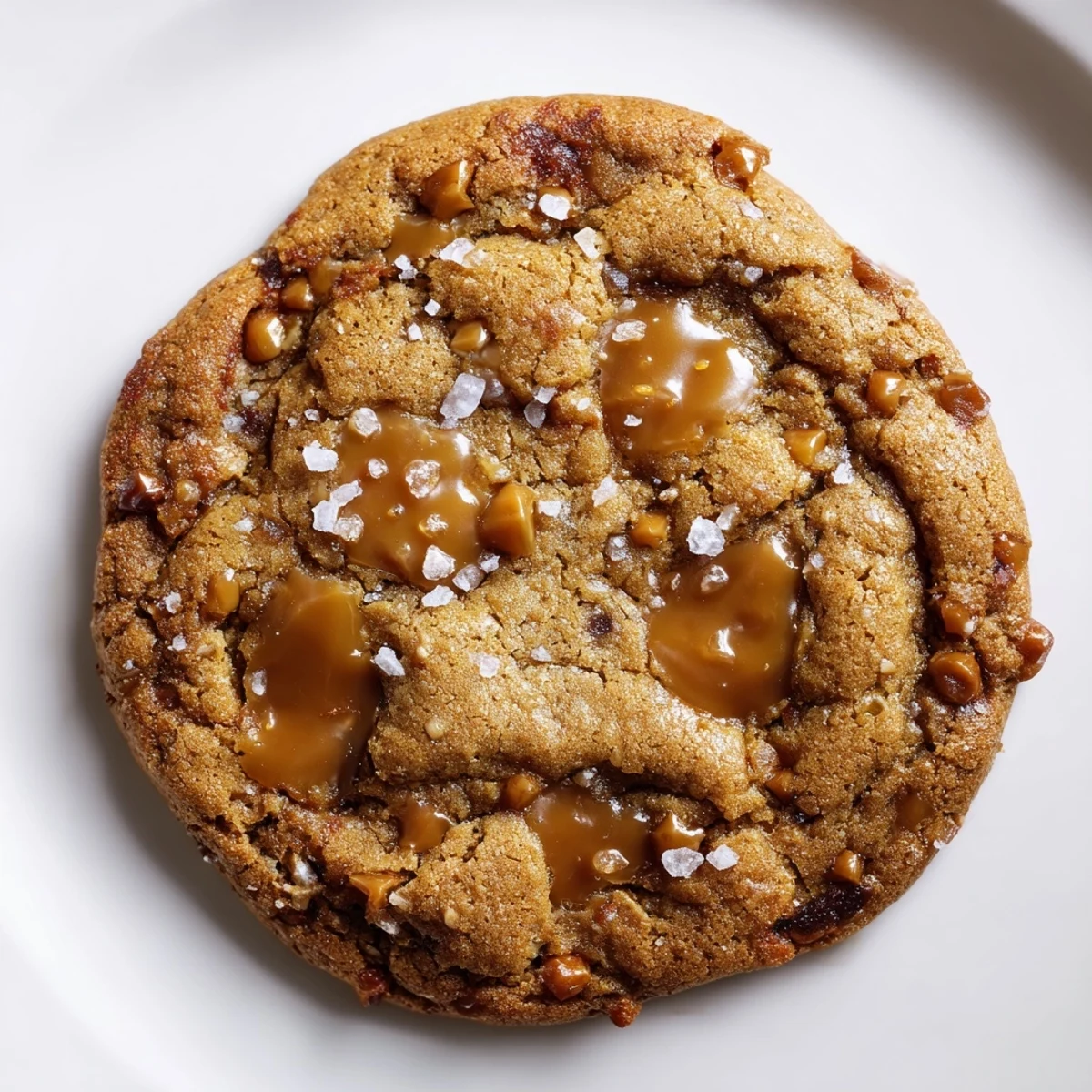 Chewy homemade sea salt caramel cookies with melted caramel pieces and buttery edges