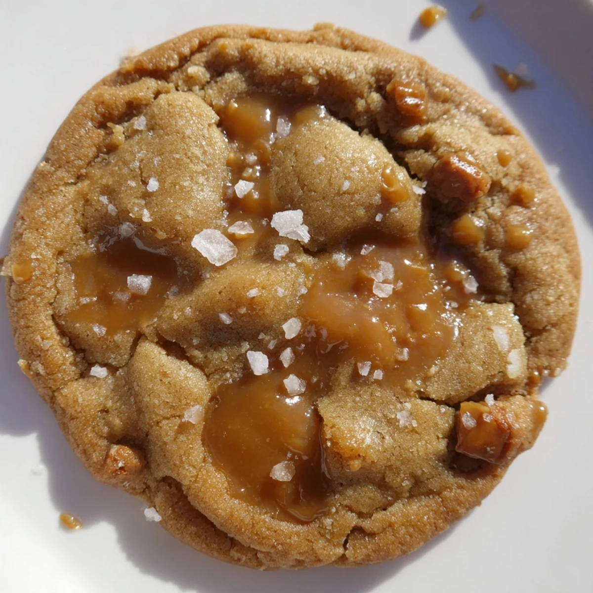 Stack of warm sea salt caramel cookies sprinkled with coarse sea salt crystals