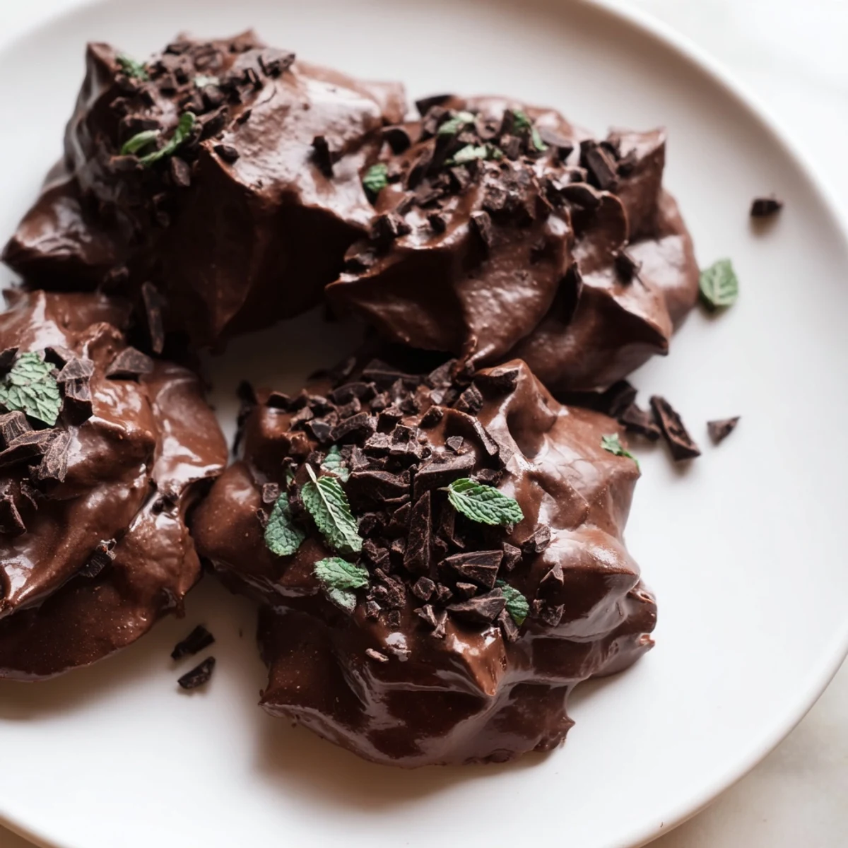 Fluffy dark chocolate and mint chip clouds sitting on a parchment-lined baking sheet