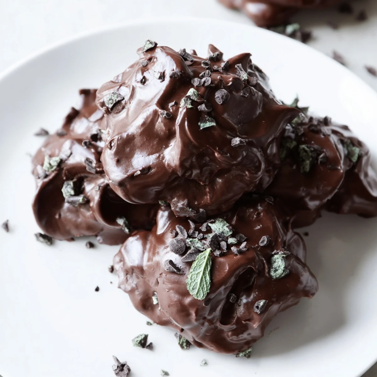 Airy chocolate meringue cookies studded with mint chips arranged on a white plate