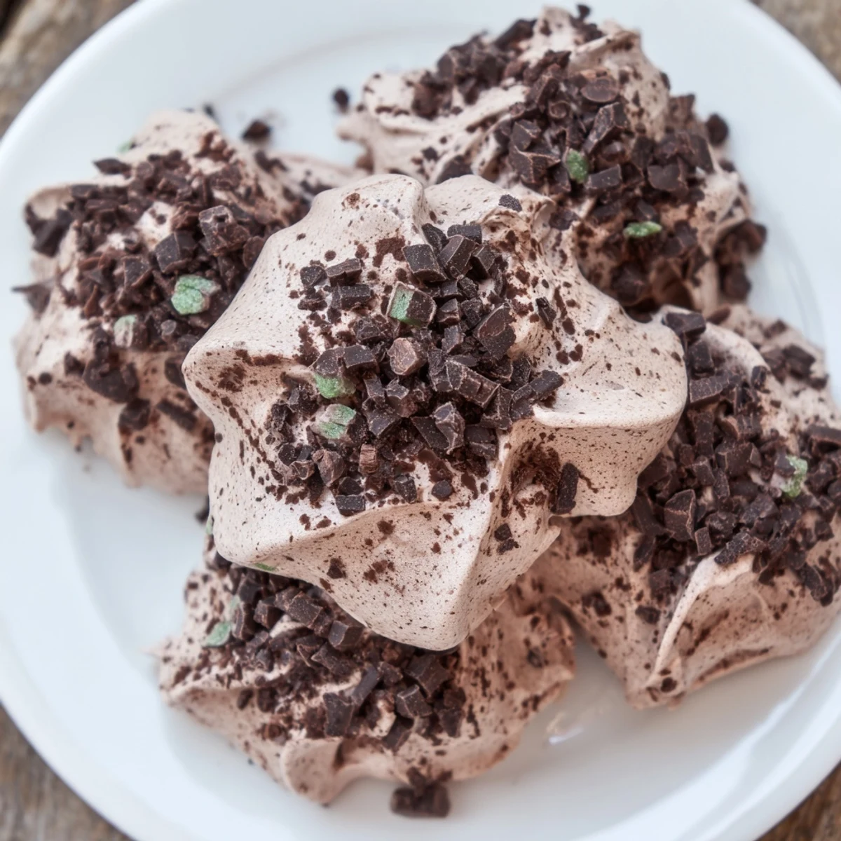 Glossy dark chocolate and mint chip meringue mounds ready for oven baking