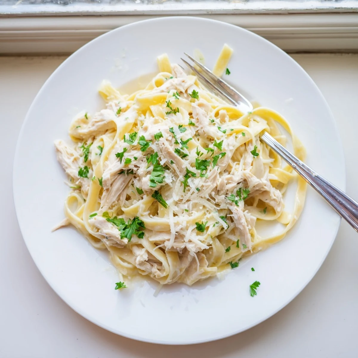 Creamy Crock Pot Chicken Alfredo with tender shredded chicken and perfectly cooked fettuccine pasta in a rich Parmesan sauce