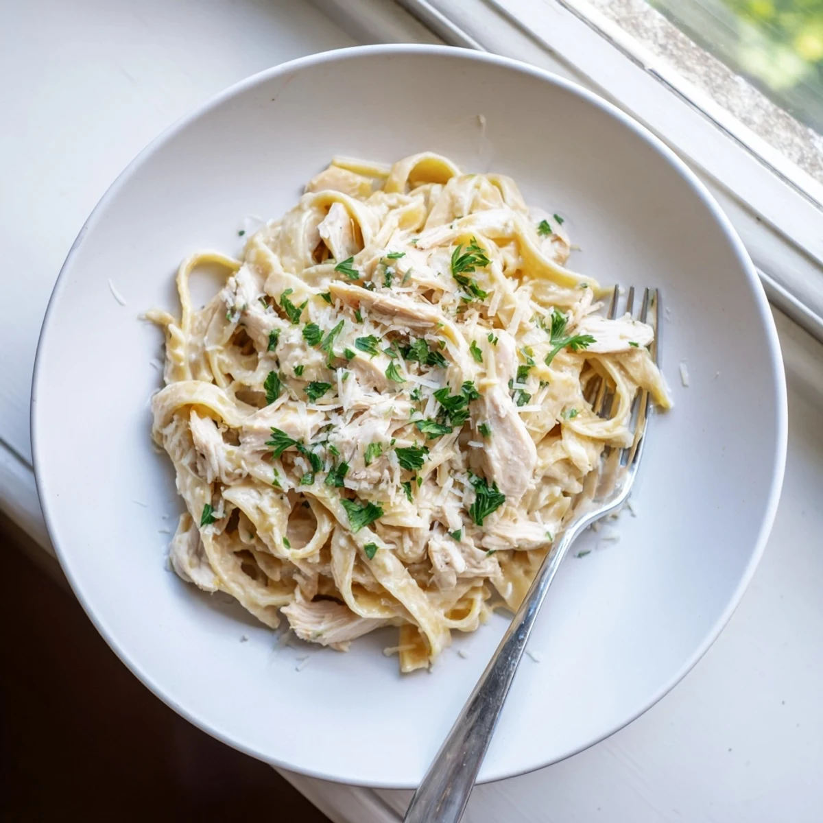 Golden strands of fettuccine coated in a decadent white cheese sauce alongside juicy shredded chicken in this easy Crock Pot Chicken Alfredo