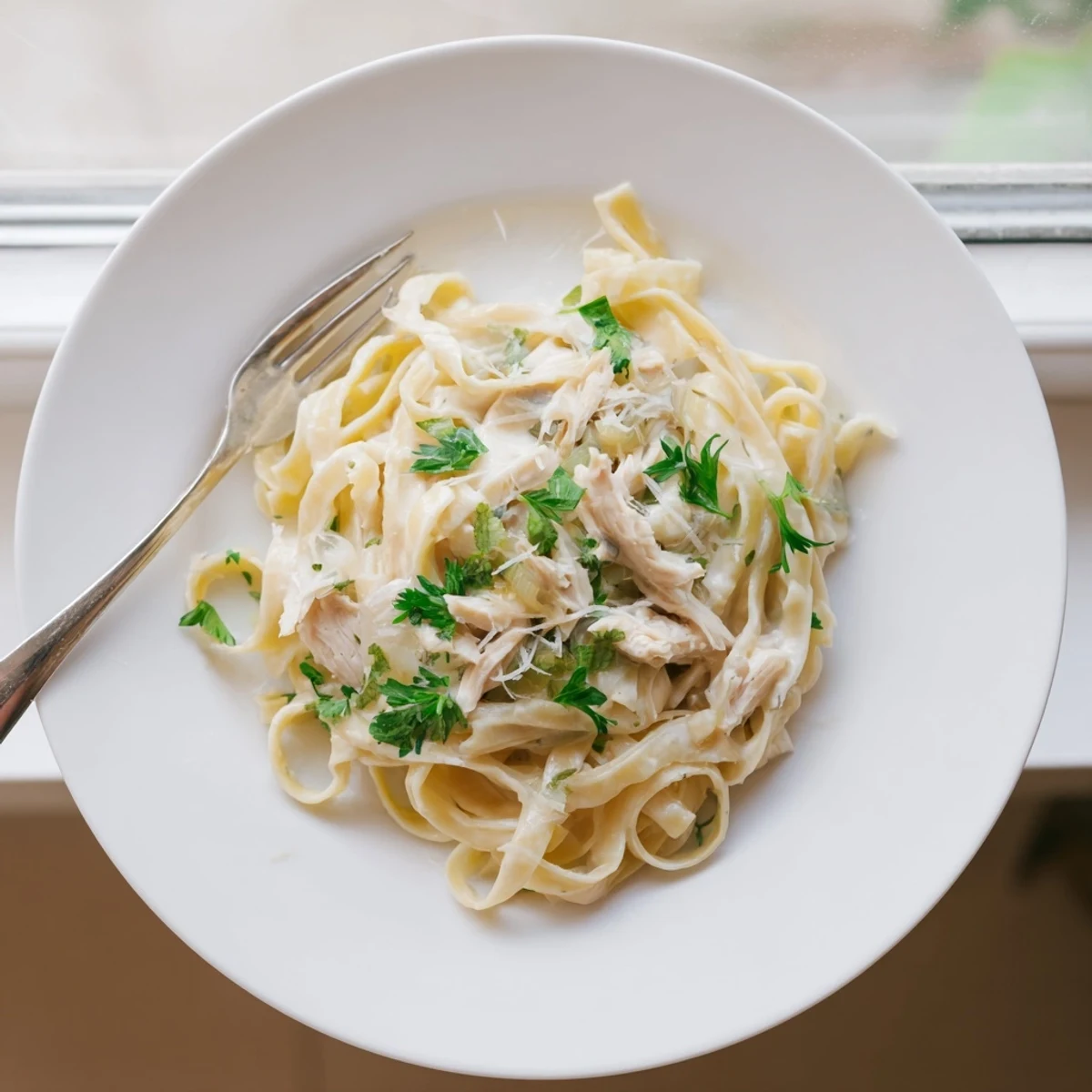 Slow cooker chicken Alfredo recipe featuring shredded chicken breasts swimming in a velvety garlic cream sauce over al dente fettuccine