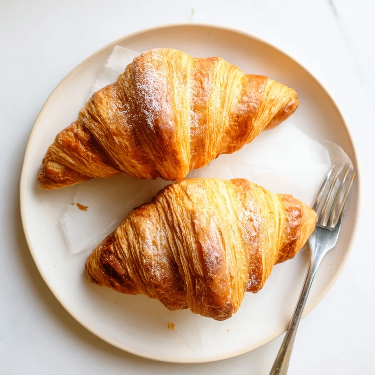 Breakfast spread featuring easy air fryer homemade croissants with glossy egg wash and airy interior