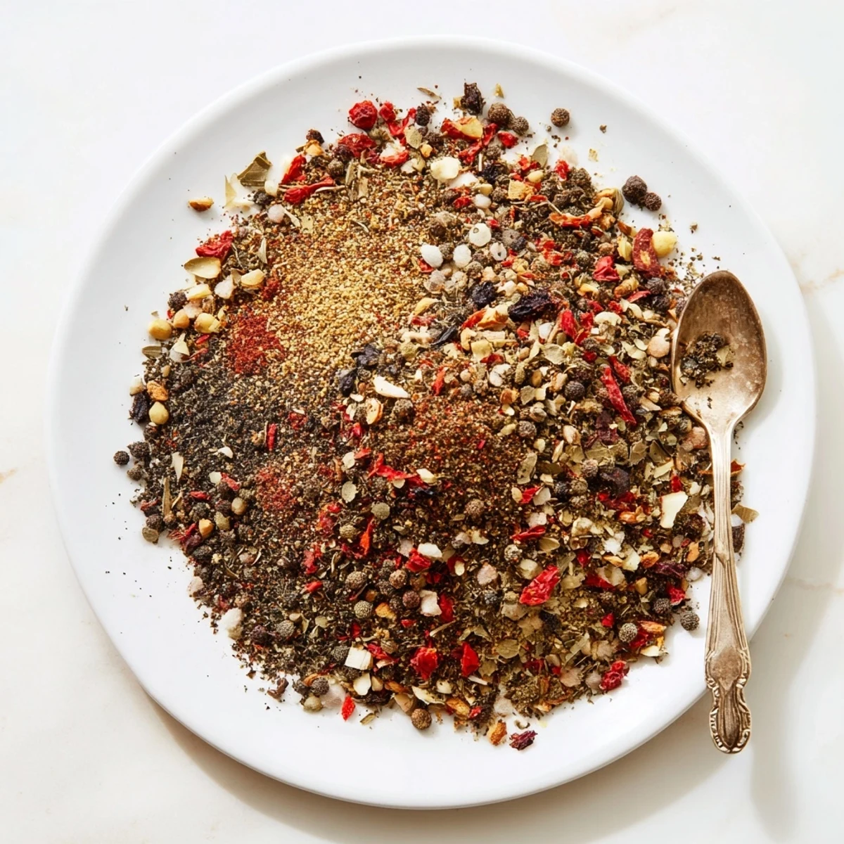 Glass jar filled with homemade Copycat Montreal Steak Seasoning blend surrounded by whole peppercorns and spices