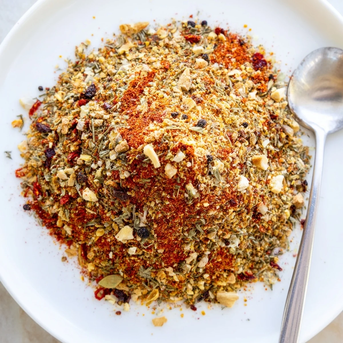Rustic wooden board displaying Copycat Montreal Steak Seasoning with measuring spoon and scattered dried herbs