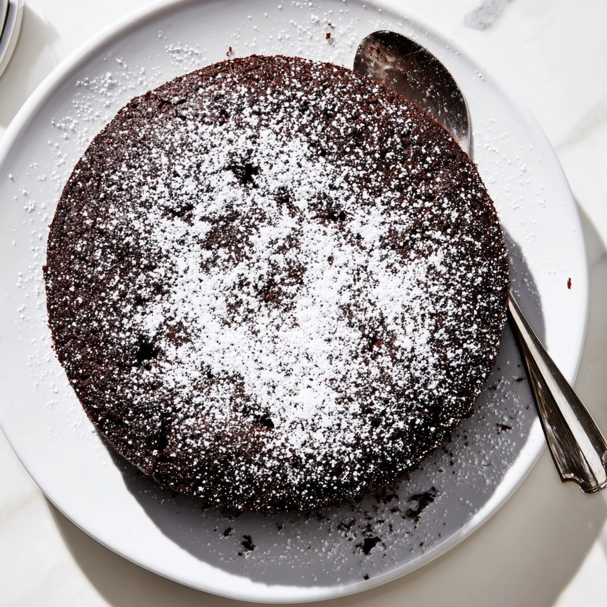 Moist Air Fryer Guinness chocolate cake dusted with powdered sugar on a serving plate